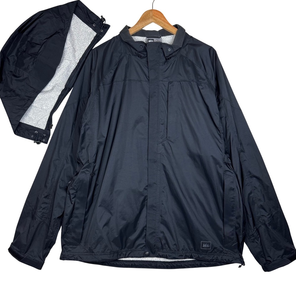 REI Ripstop Hooded Windbreaker Rain Jacket Gorpcore Mens XL Black Nylon Packable